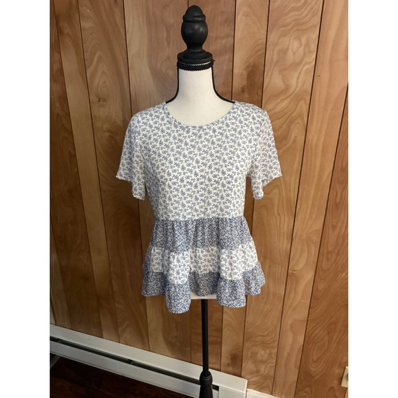 Paper Crane Tops - Paper Crane‎ Women Blue White Floral Tiered Babydoll Top Small T41655D